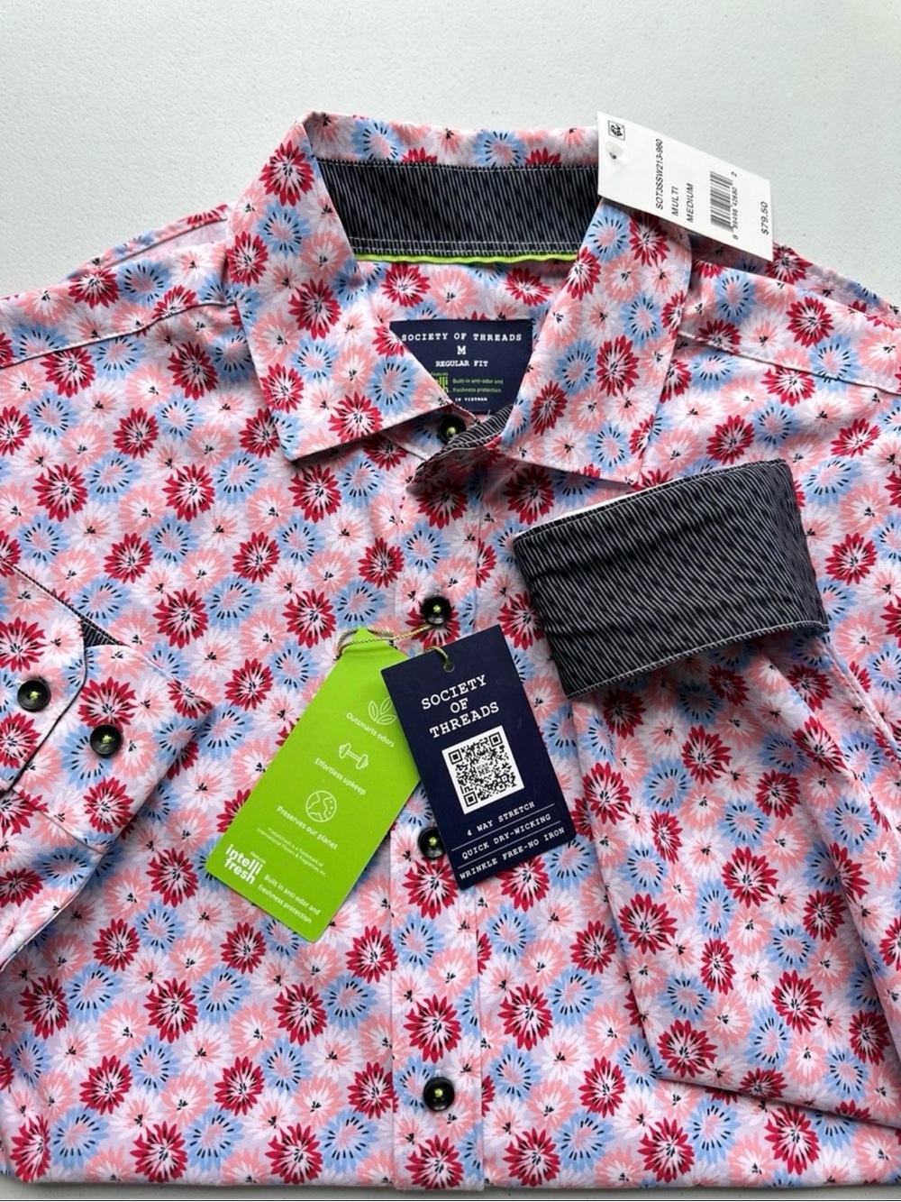 Society Of Threads 4-way stretch, quick-dry wicking, and wrinkle-free fabric.
